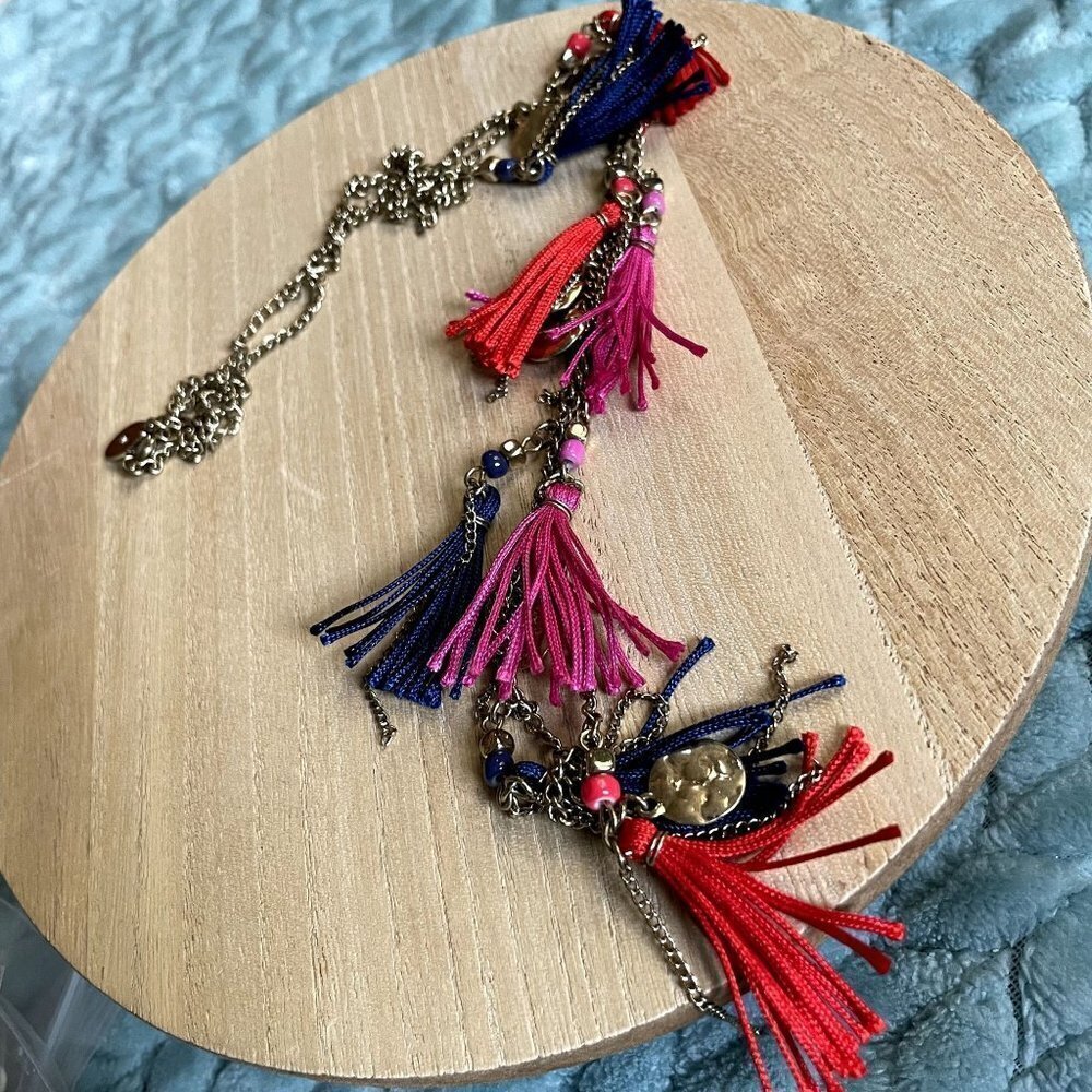 LOFT pink blue red gold colored necklace fringe detail 90s colorful statement